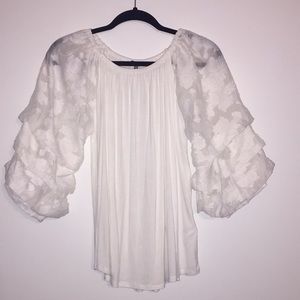 White Shirt with White Floral Ruffled Sleeves